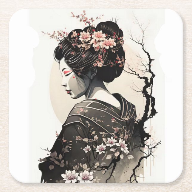 Anmutige japanische Geisha -  Rechteckiger Pappuntersetzer (Vorderseite)