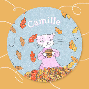Anmutiger Katzen-Fall-Kind-Sticker mit Namen Runder Aufkleber