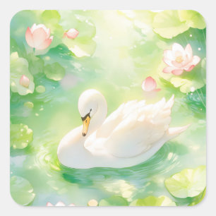 Anmutiger Weißer Schwan im magischen Lili-Teich Quadratischer Aufkleber