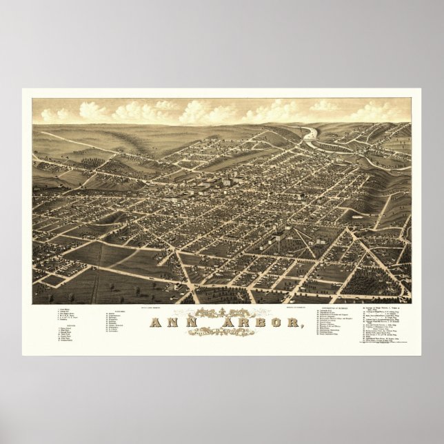 Ann Arbor, MI Panoramic Map - 1880 Poster (Vorne)