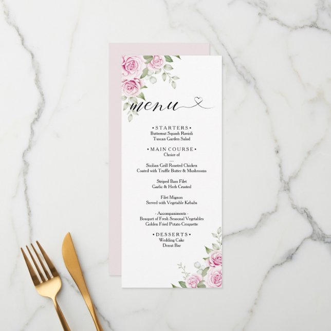 ANNA Menu Mariage / Aquarelle Rose florale (Devant/Arrière en situation)