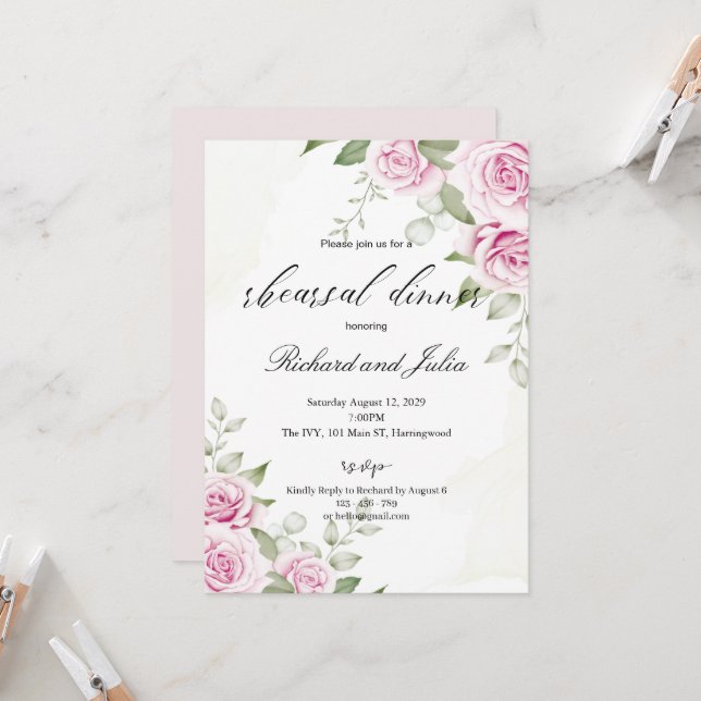 ANNA Probe Dinner Einladung / Weichrosa Rose (Vorderseite/Rückseite Beispiel)