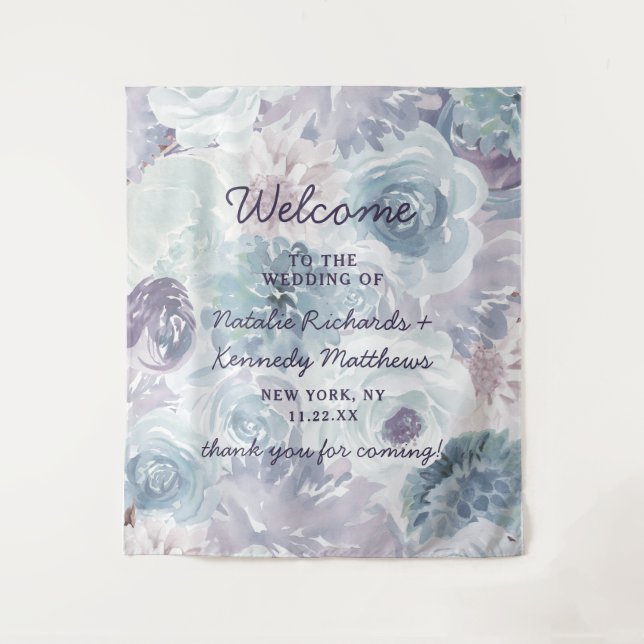 Annabelle Vintag Blue Floral Wedding Willkommen Wandteppich (Vorderseite)