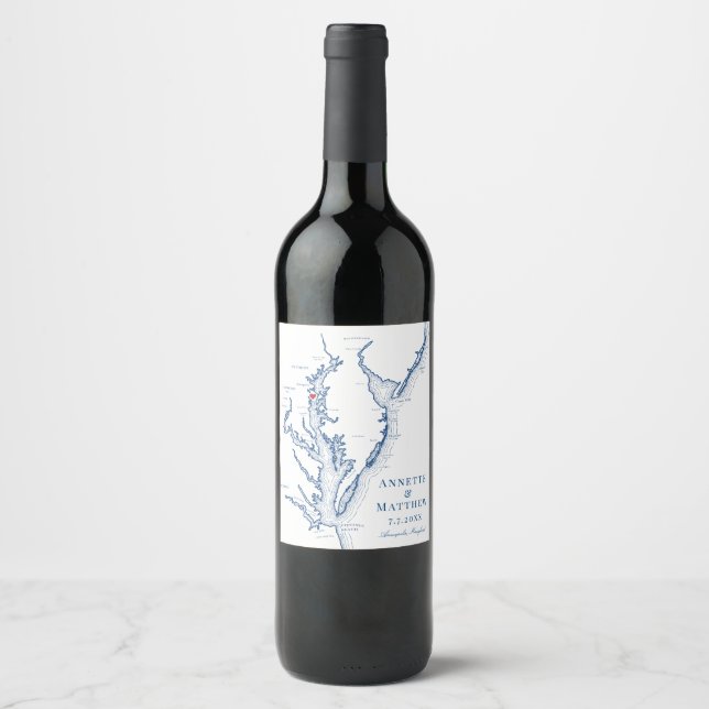 Annapolis Chesapeake Bay Karte Elegante Hochzeit d Weinetikett (Vorderseite)