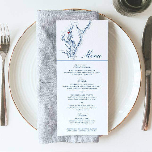 Annapolis Chesapeake Bay Map Elegantes Schiffskrip Menükarte (These Chesapeake Bay Wedding Menus in Navy Blue are perfect for your Annapolis destination wedding)