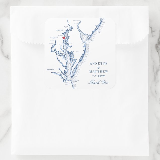 Annapolis Chesapeake Bay Map Navy Gastgeschenk Hoc Quadratischer Aufkleber (Tasche)