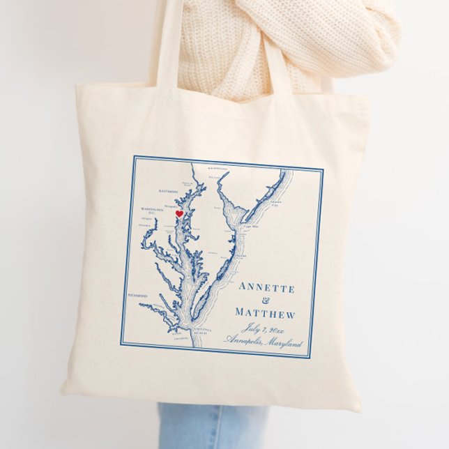 Annapolis Maryland Chesapeake Bay Wedding Willkomm Tragetasche (Custom Annapolis Maryland wedding tote bag with navy blue map of Chesapeake Bay)