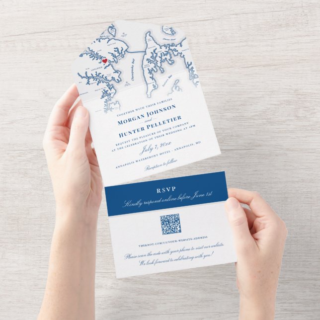 Annapolis Maryland Map Elegante Wedding All In One Einladung (Abreißen)