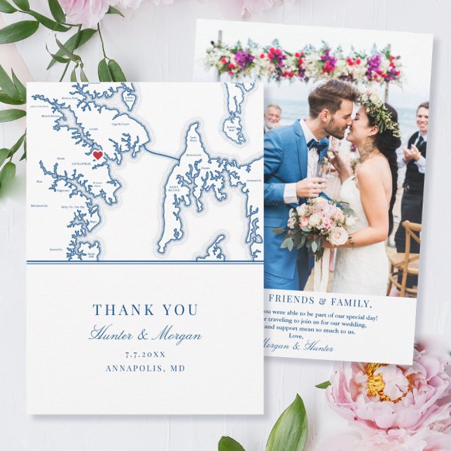 Annapolis Maryland Navy Blue Wedding Foto Flat Dankeskarte (These Annapolis Maryland flat thank you cards with photo are perfect for your Maryland wedding)
