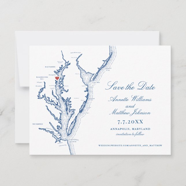 Annapolis Maryland Wedding Elegant Navy Map Save The Date (Vorderseite)