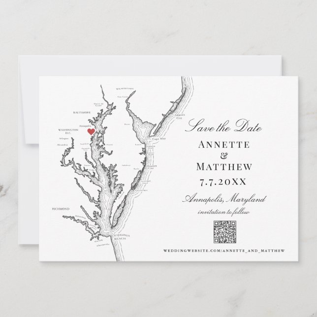 Annapolis MD Wedding Eleganter Schwarz-weißer QR-C Save The Date (Vorderseite)