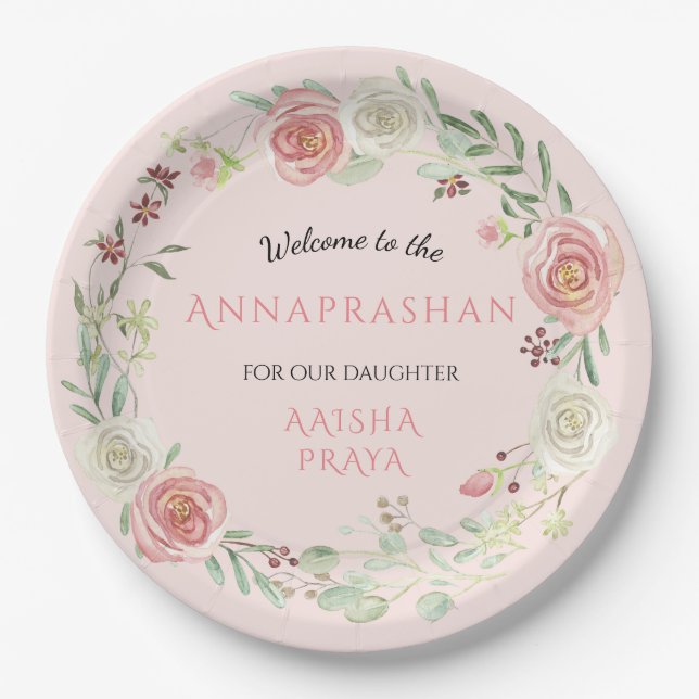 Annaprashan Baby Girl Wasserfarbe Blumenreath Pappteller (Vorderseite)