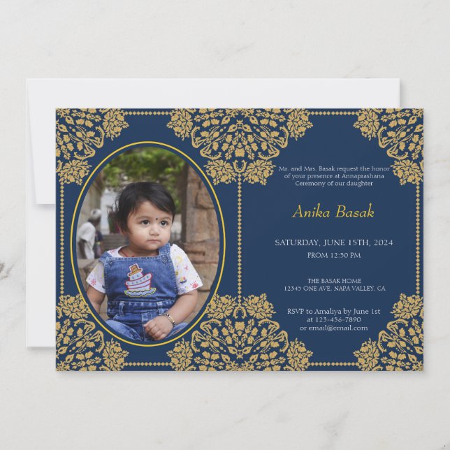 Annaprashan First Rice Blue Gold Ornamentiertes Fo Einladung (Vorderseite)