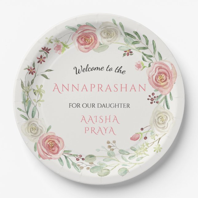 Annaprashan Party Baby Girl Wasserfarbe Blauer Ros Pappteller (Vorderseite)