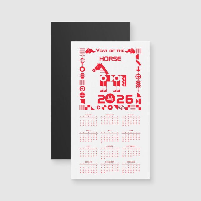 Année civile du cheval 2026 Carte magnétique (Devant / Derrière)