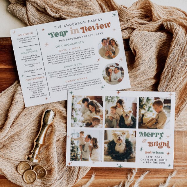 Année de la photo Avis Carte de vacances Noël Boho (Boho year in review card with seven photos)
