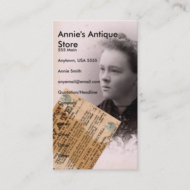 Annie's Antiquitätenladen Visitenkarte (Vorderseite)