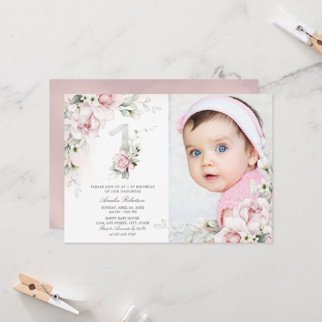 Anniversaire 1 an | Invitation Rose Floral Girls (Devant/Arrière en situation)