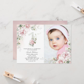 Anniversaire 1 an | Invitation Rose Floral Girls