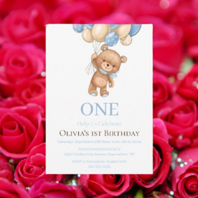 Anniversaire 1er Teddy Bear Balloon Boy Invitation (Sweet Teddy Bear Baby Shower Invitations)