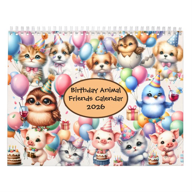 Anniversaire Animal Friends 2026 Calendrier 12 Moi (Protection)