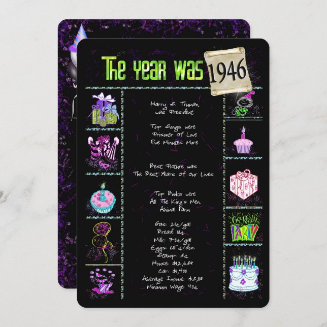 Anniversaire Année 1946 Invitation (Devant / Derrière)
