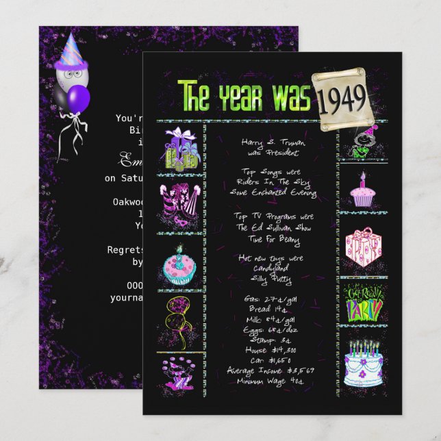 Anniversaire Année 1949 Invitation (Devant / Derrière)