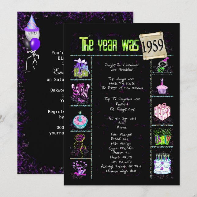 Anniversaire Année 1959 Invitation (Devant / Derrière)