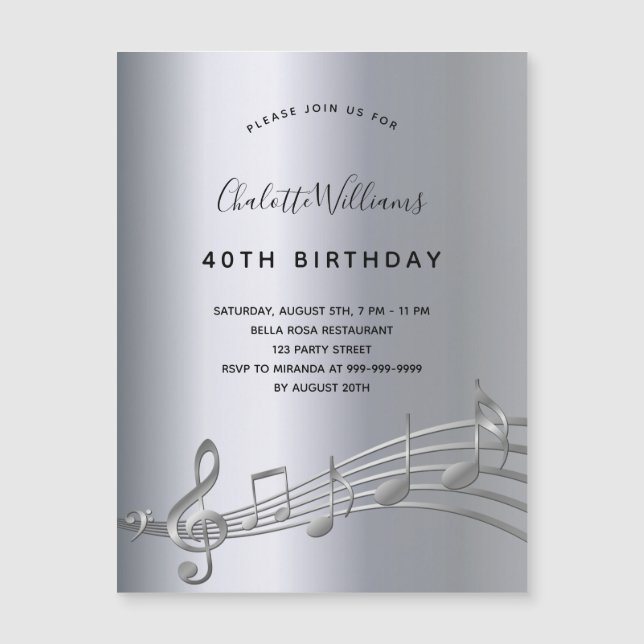 Anniversaire argent notes musique invitation aiman (Devant)