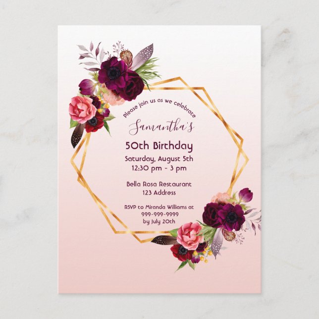 Anniversaire Bourgogne fleurie rose or invitation (Devant)
