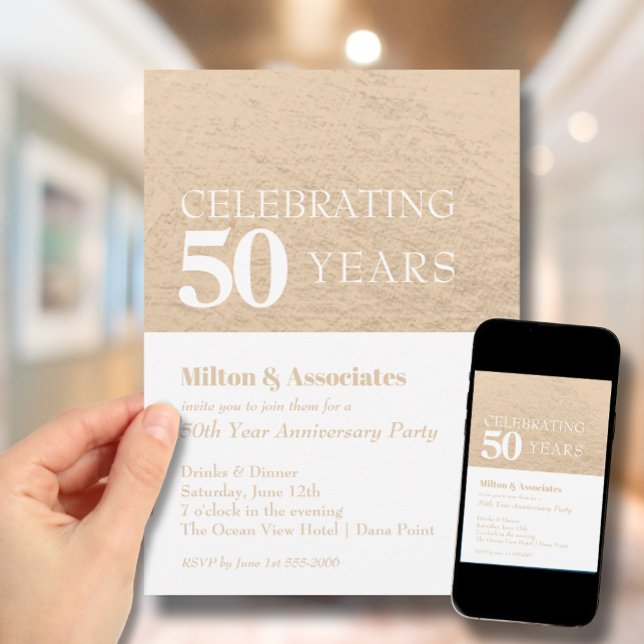 Anniversaire d'affaires Gold et White Invitation (Change to ANY YEAR. Order printed and instant download (great to email as a reminder.))