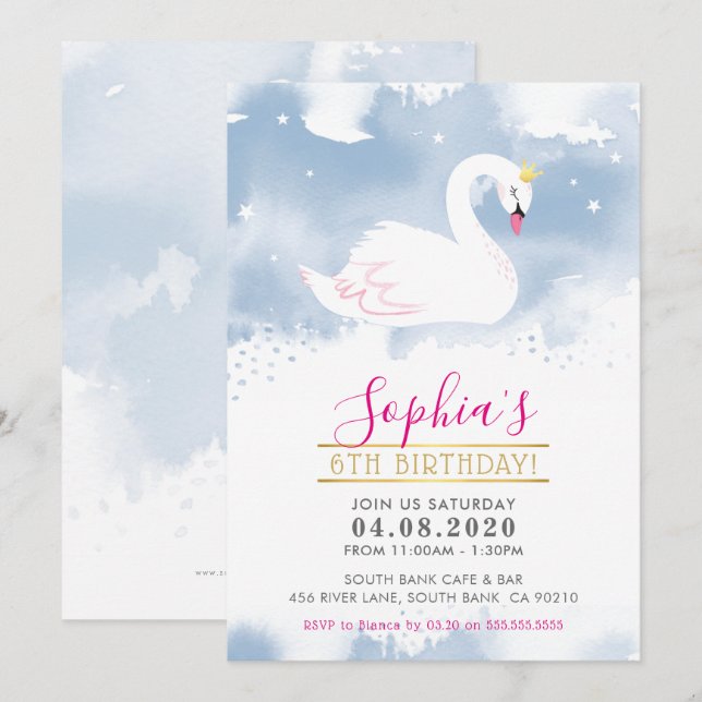 ANNIVERSAIRE DE ENFANT PARTY INVITATION cygne prin (Devant / Derrière)