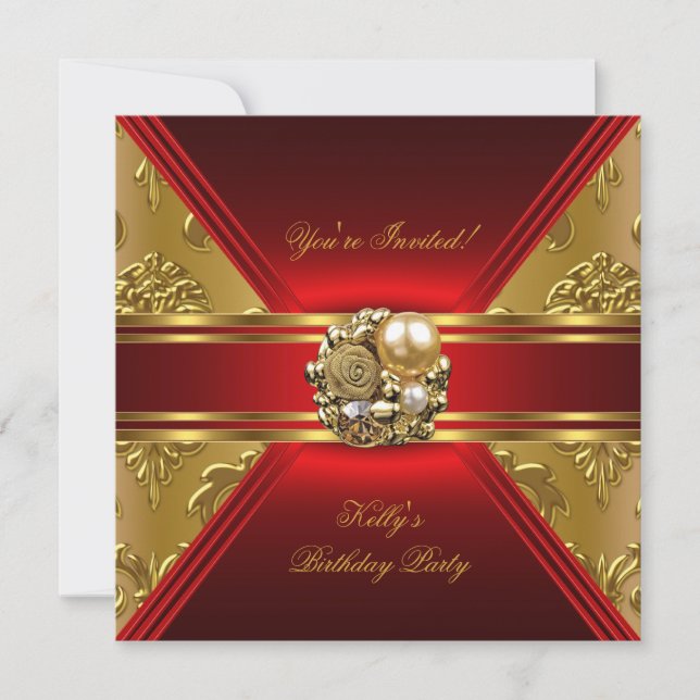 Anniversaire de fête Damask Red Gold Invitation (Devant)