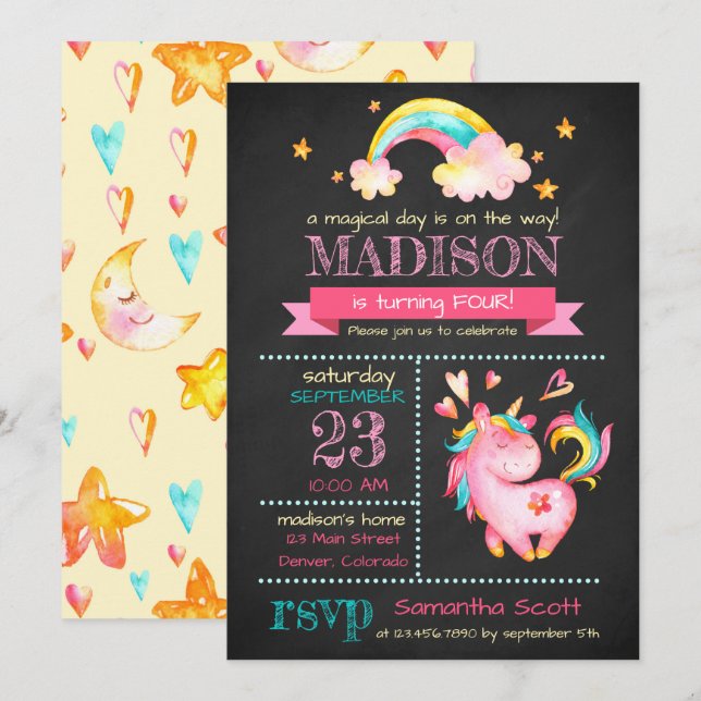Anniversaire de la licorne | Invitation de la fête (Devant / Derrière)