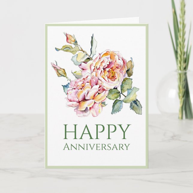 Anniversaire des roses roses, Aquarelle, Carte 5x7 (Devant)