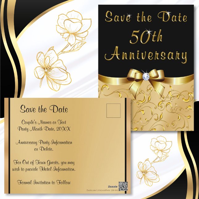 Anniversaire du Mariage d'or Enregistrer les carte (Cheap, 50th anniversary Save the Date Post Cards. Black and  Gold Save the Date Post Cards. 50 year.)