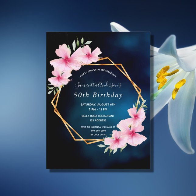 Anniversaire fête bleu rose florales invitation (Créateur téléchargé)