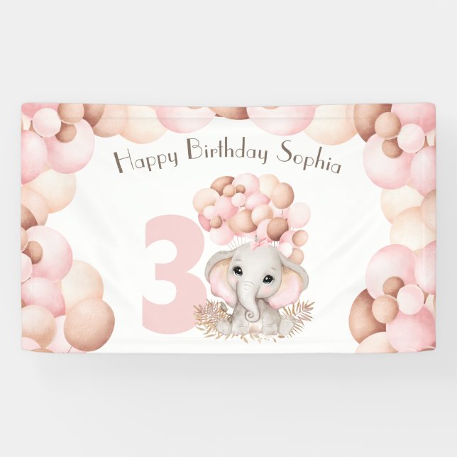 Anniversaire fille mignonne rose éléphant bannière (Horizontal)