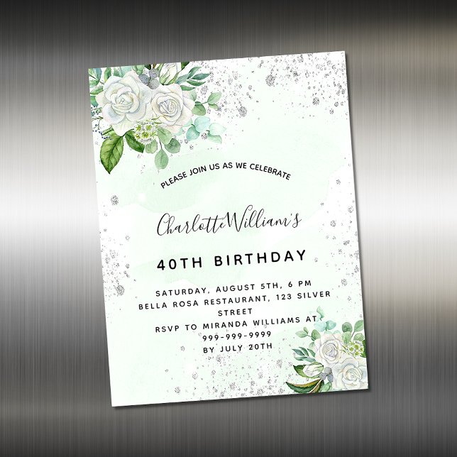 Anniversaire floral argent vert invitation aimant (Créateur téléchargé)