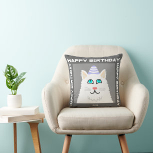 Anniversaire Fluffy Blanc Chat Carré Jeu Oreiller