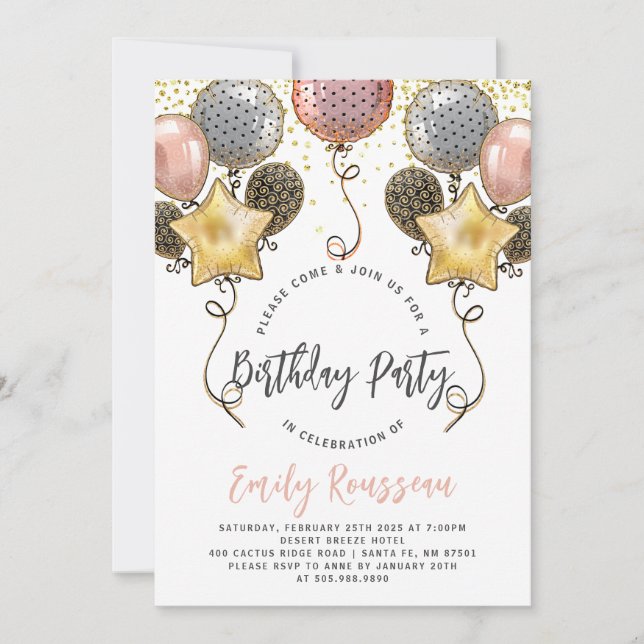 Anniversaire Gold Confetti Balloons Invitation (Devant)