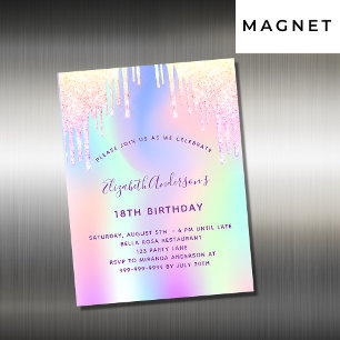 Anniversaire holographique rose invitation aimant