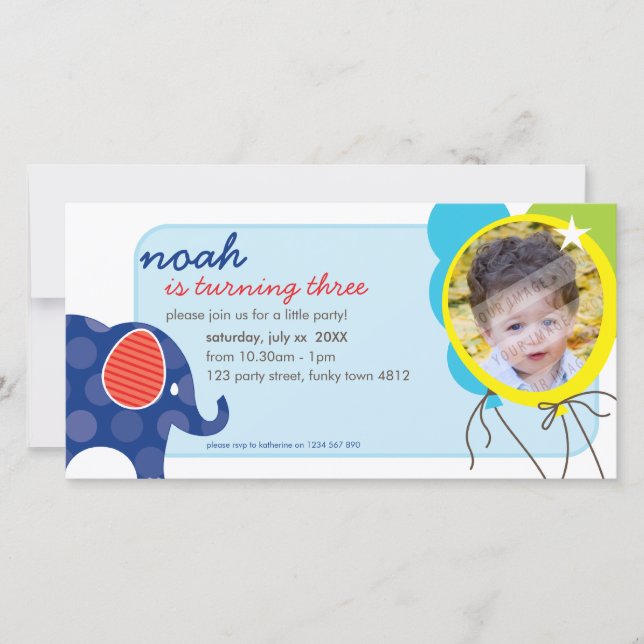 ANNIVERSAIRE INVITATION PHOTOCARD :: éléphant + ba (Devant)
