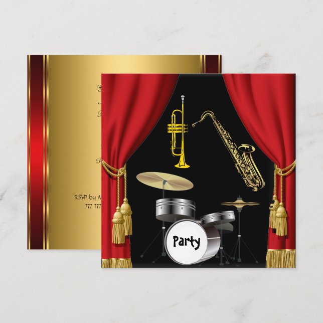 Anniversaire Musique Danse Rideaux Invitation (Devant / Derrière)