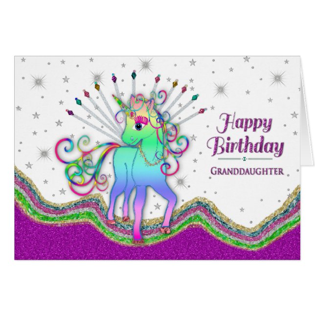 Anniversaire, petite-fille, licornes et arcs-en-ci (Devant horizontal)