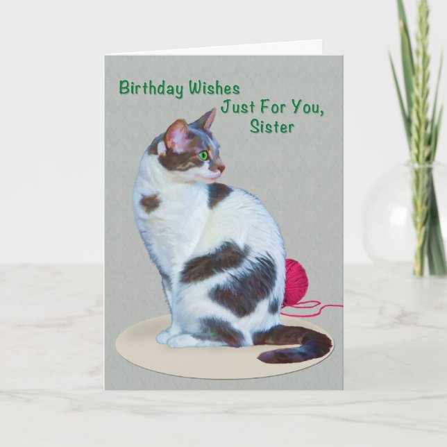 Anniversaire, Soeur, Carte de chat aux yeux verts (Devant)