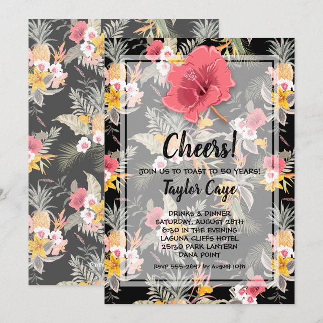 Anniversaire Tropical Anniaphe Noir Invitations (Devant / Derrière)