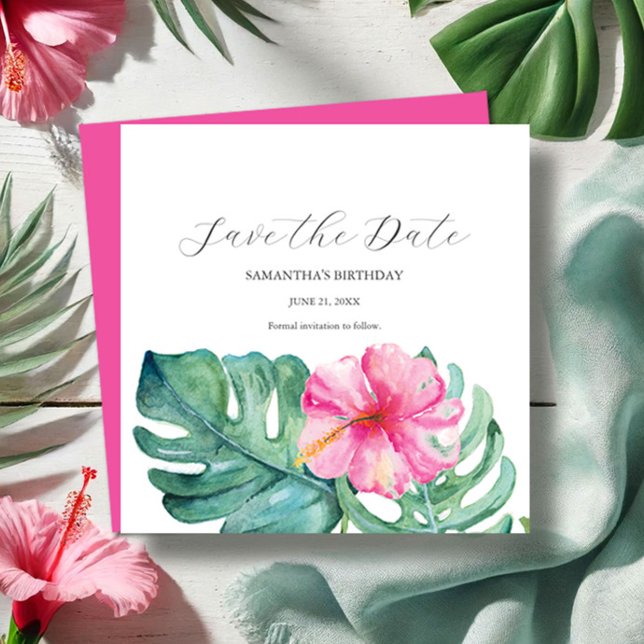 Anniversaire Tropical Enregistrer Les Cartes De Da (Tropical sweet 16 Birthday party save the date card watercolor pink floral art Victoria Grigaliunas)