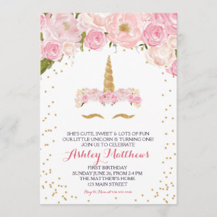 Anniversaire Unicorn rose Belle Invitation Florale