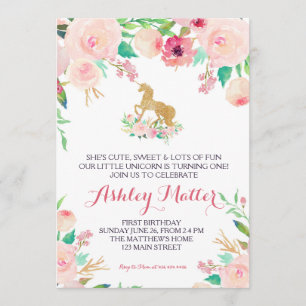 Anniversaire Unicorn rose Belle Invitation Florale